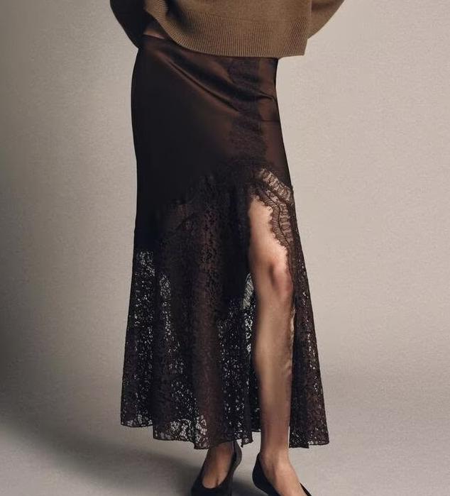 Women Lace Silk Satin Skirt