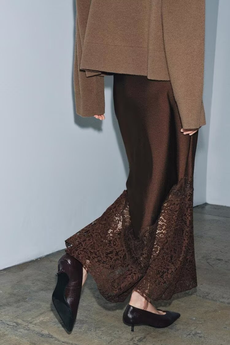 Women Lace Silk Satin Skirt
