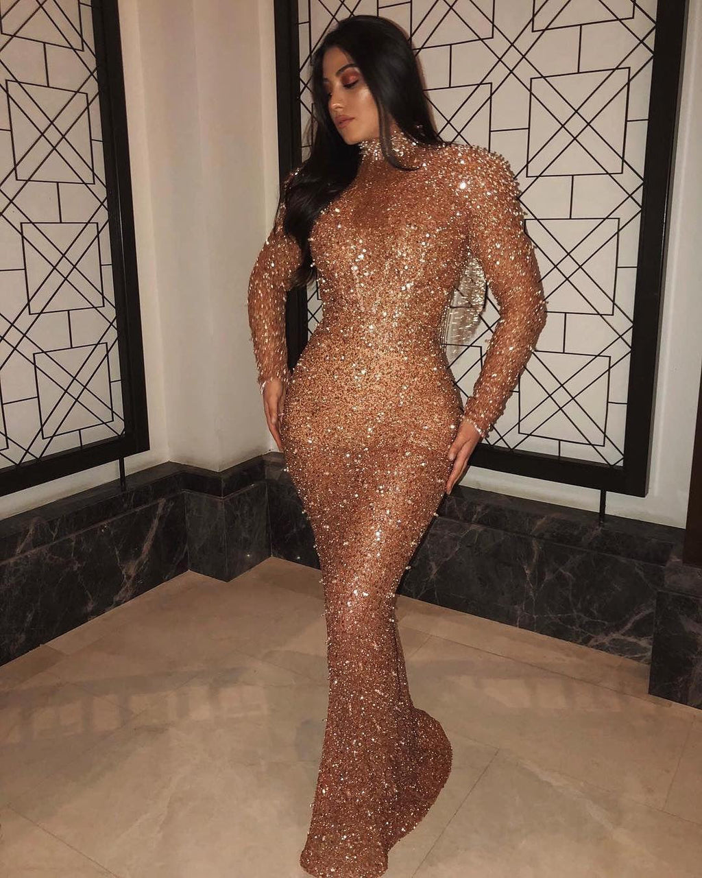 Spring Women Clothing Long Sleeve Casual Backless Golden Formal Dress