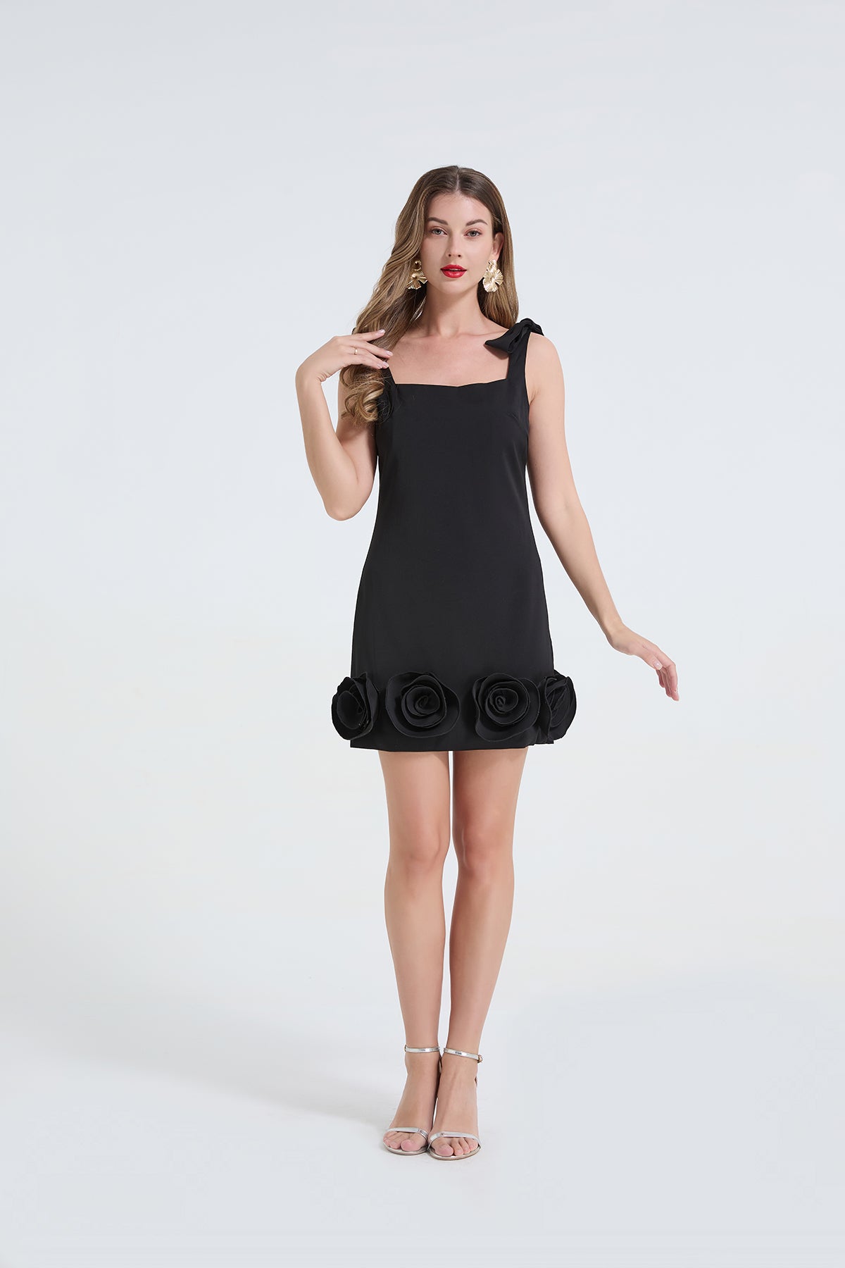 Women Three Dimensional Rose Decoration Bow Shaped Shoulder Straps Sexy And Niche Design A Line Dress