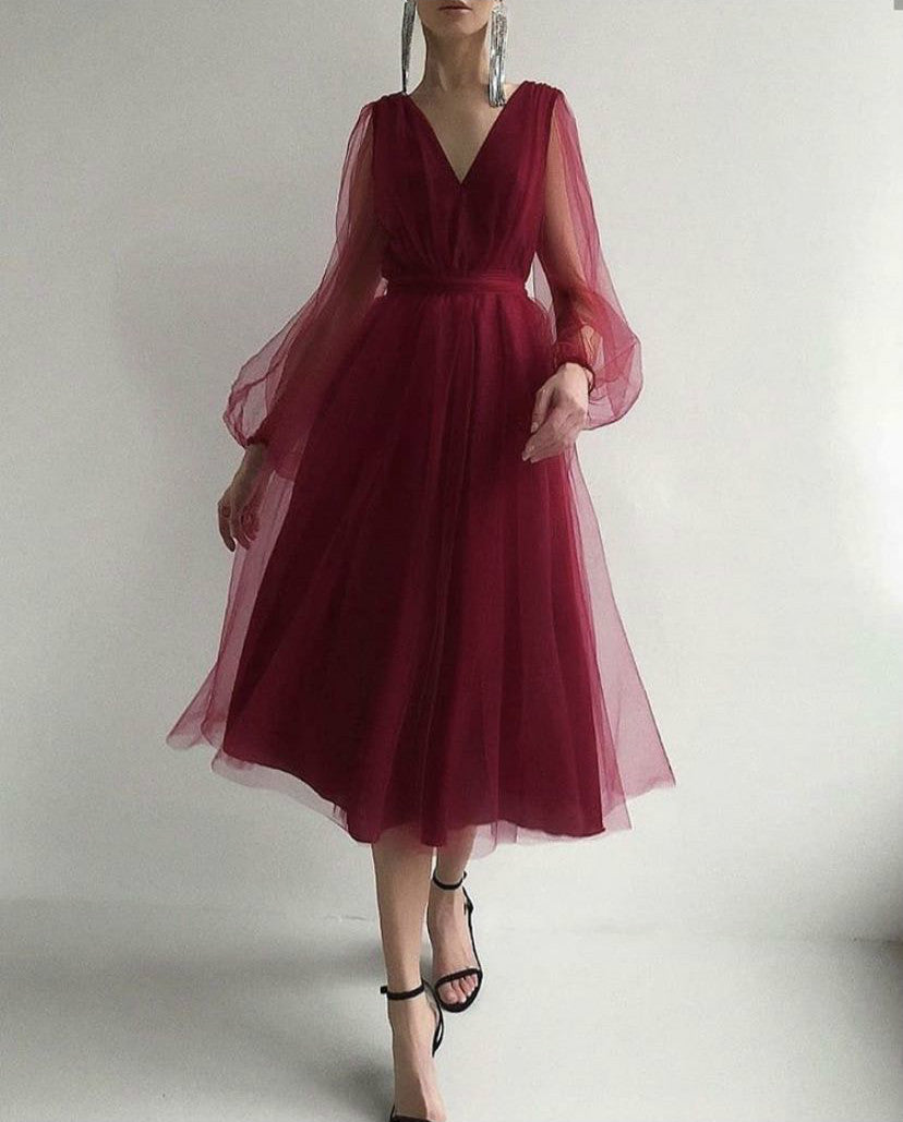 Sexy Deep V Plunge Plunge Mesh Bubble Long Sleeve Dress Slim Waist Dress