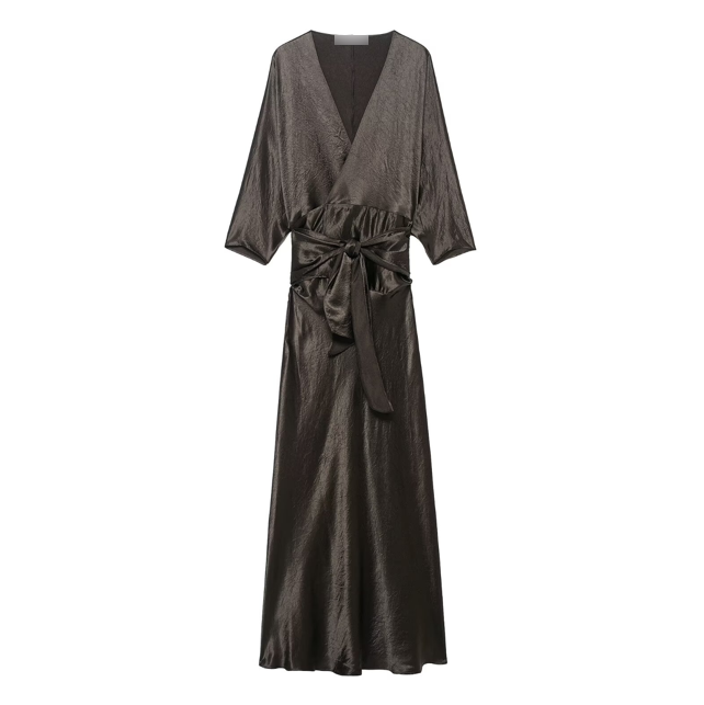 Women Clothing Silk Satin Texture Double Breasted Waist Controlled Lace up Dress