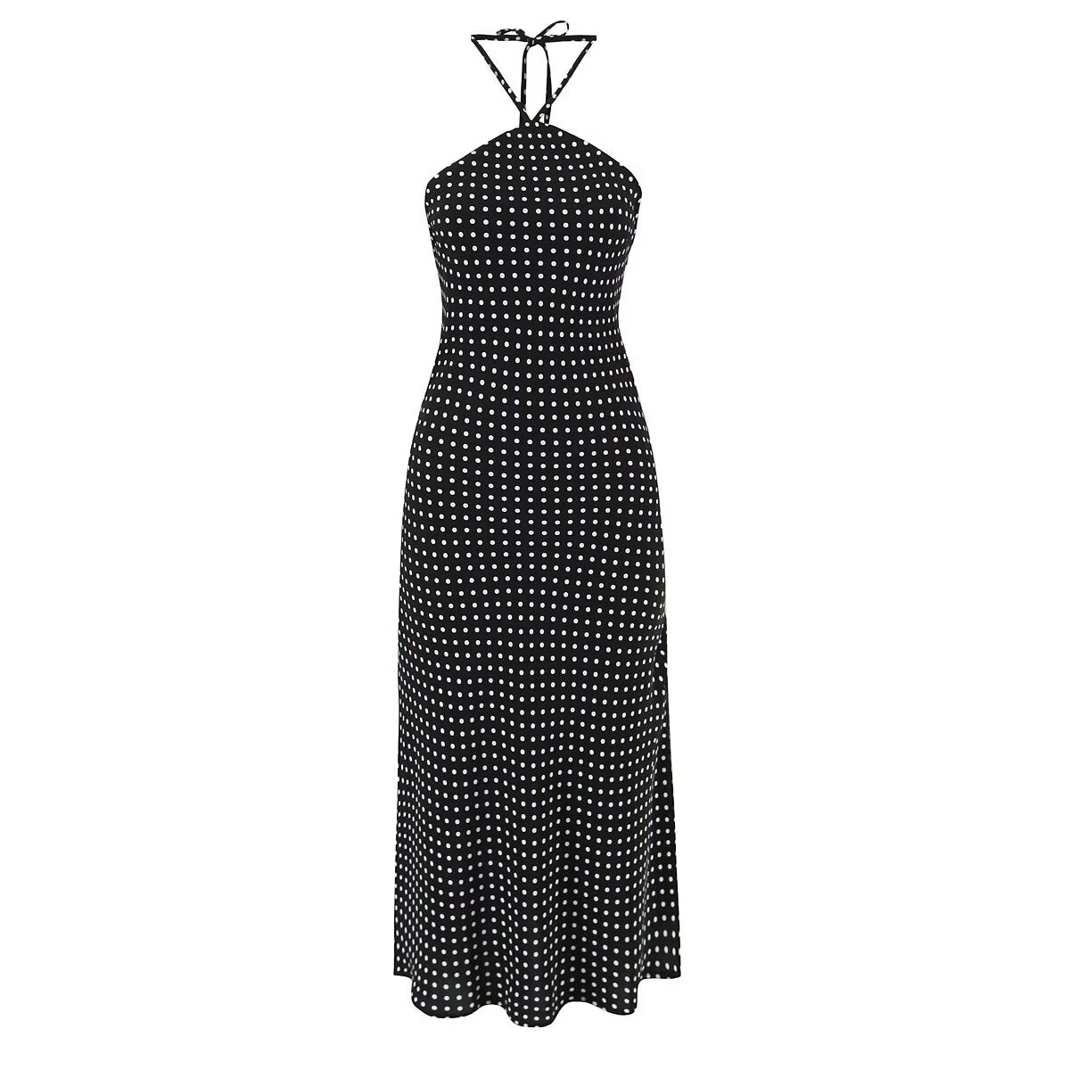 Women Clothing French Vacation Polka Dot Backless Sexy Halter Cami Dress