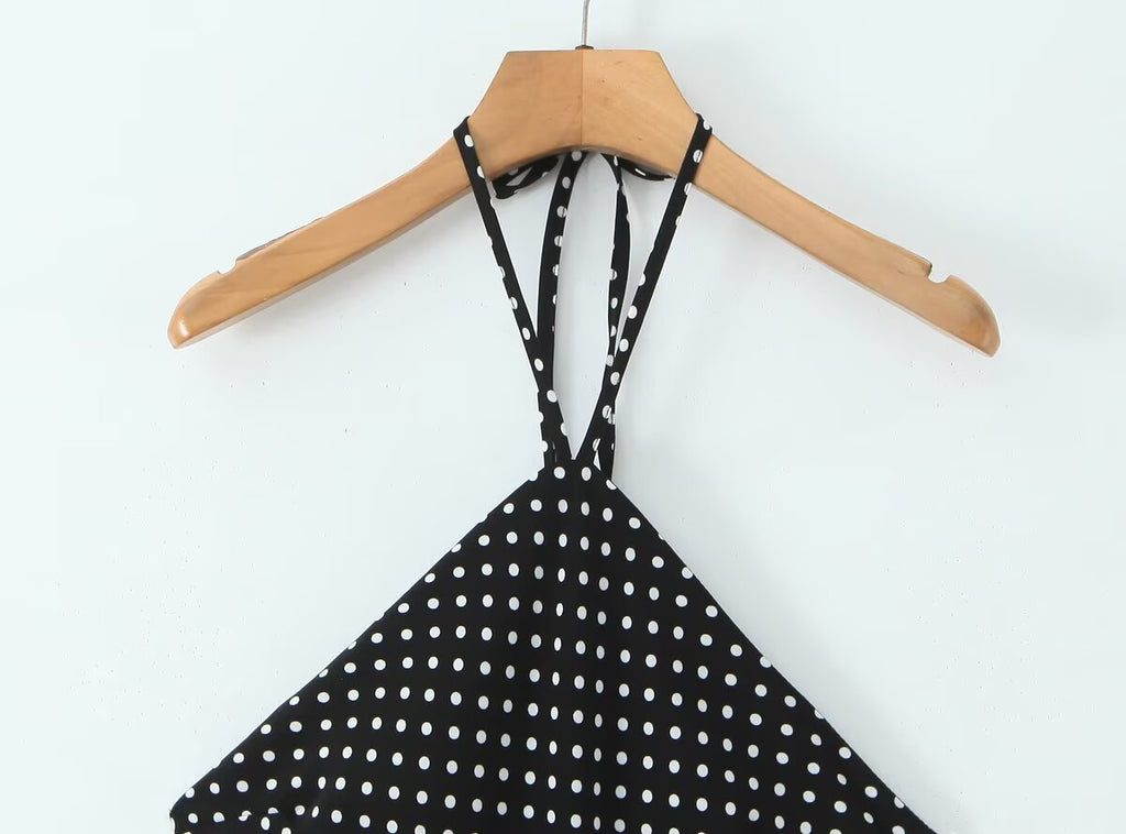 Women Clothing French Vacation Polka Dot Backless Sexy Halter Cami Dress