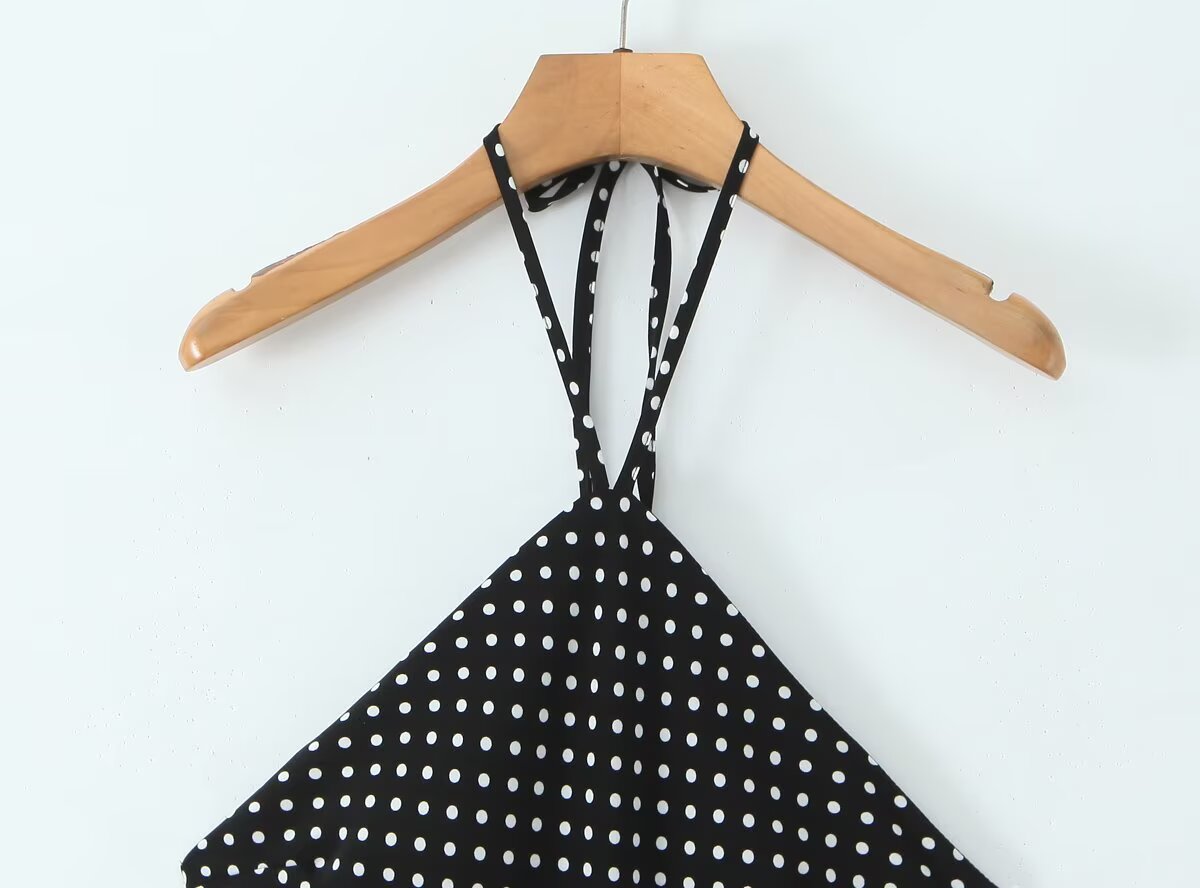 Women Clothing French Vacation Polka Dot Backless Sexy Halter Cami Dress