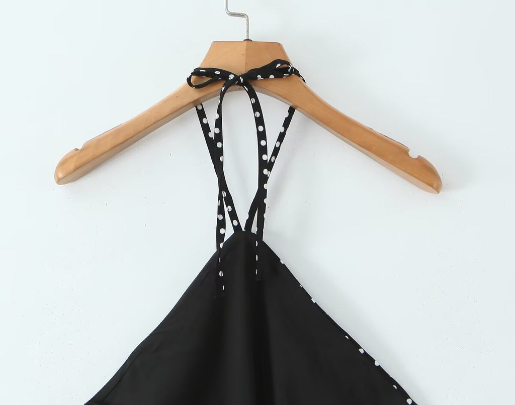 Women Clothing French Vacation Polka Dot Backless Sexy Halter Cami Dress