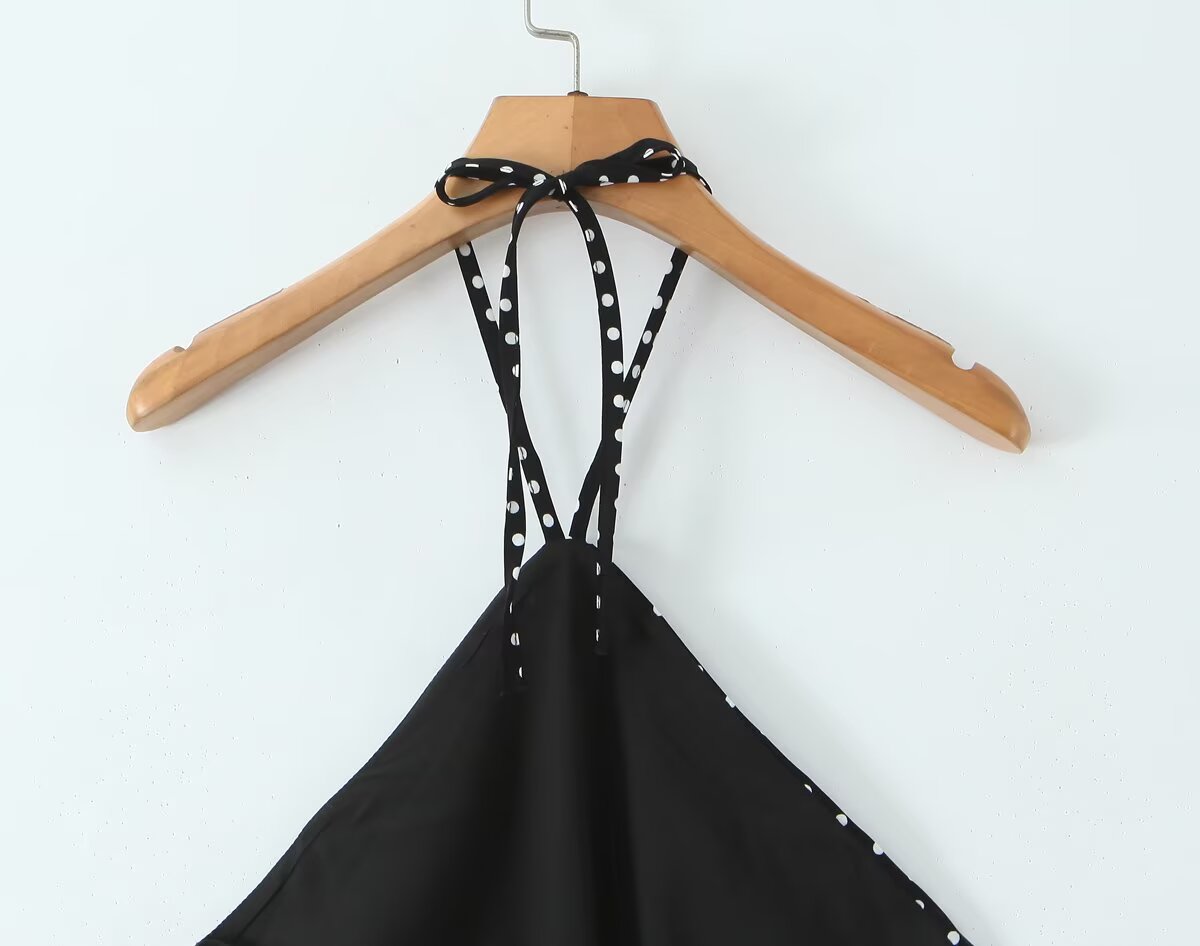 Women Clothing French Vacation Polka Dot Backless Sexy Halter Cami Dress