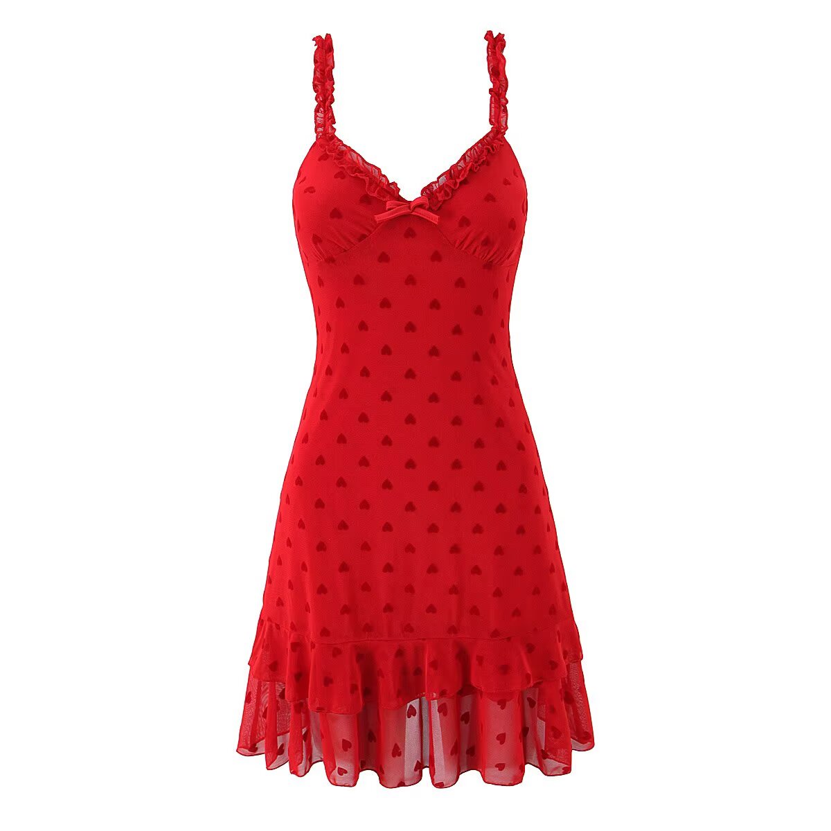 Women Clothing Retro Easy Matching Love Polka Dot Ruffled Shoulder Strap V neck Strap Dress
