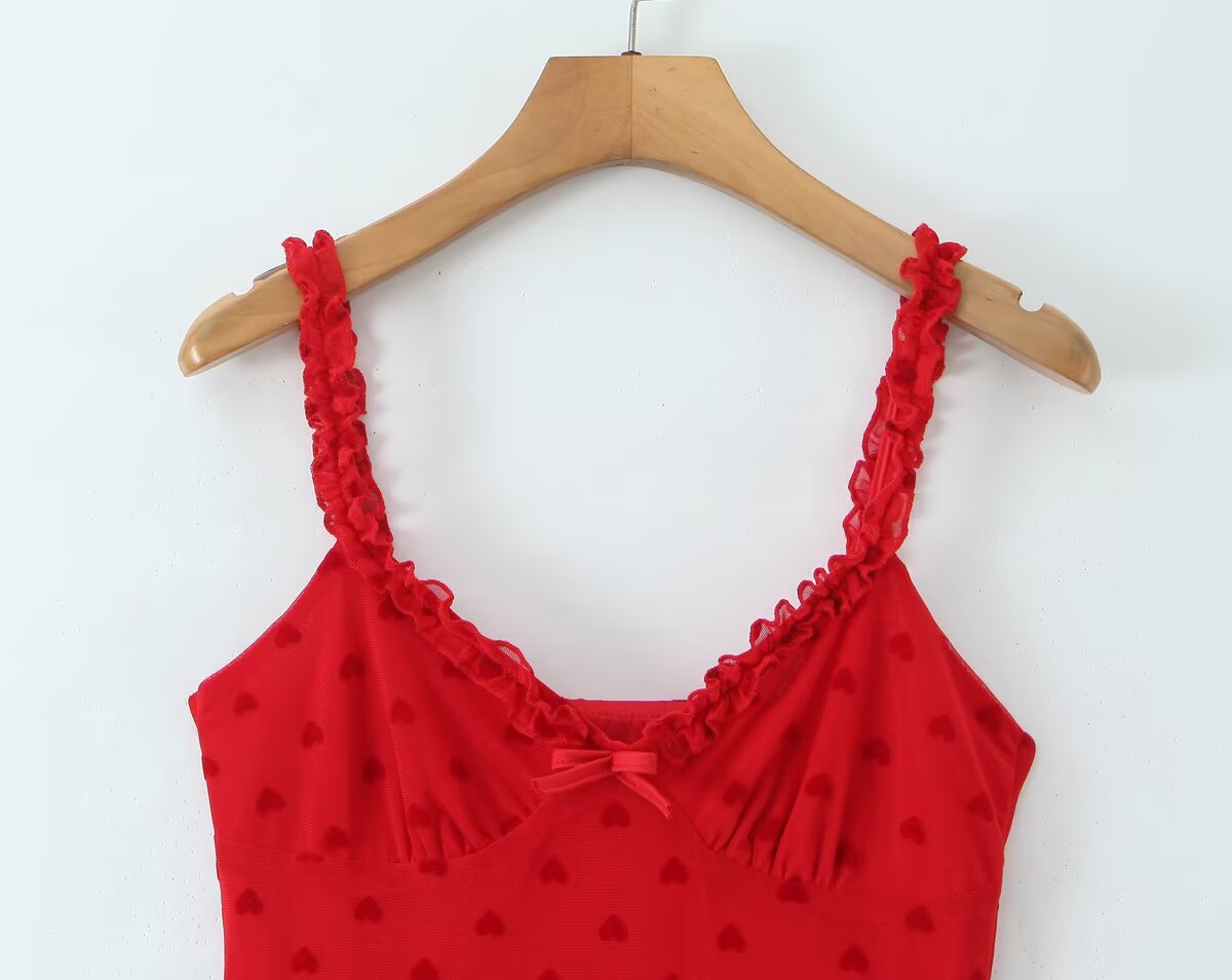 Women Clothing Retro Easy Matching Love Polka Dot Ruffled Shoulder Strap V neck Strap Dress
