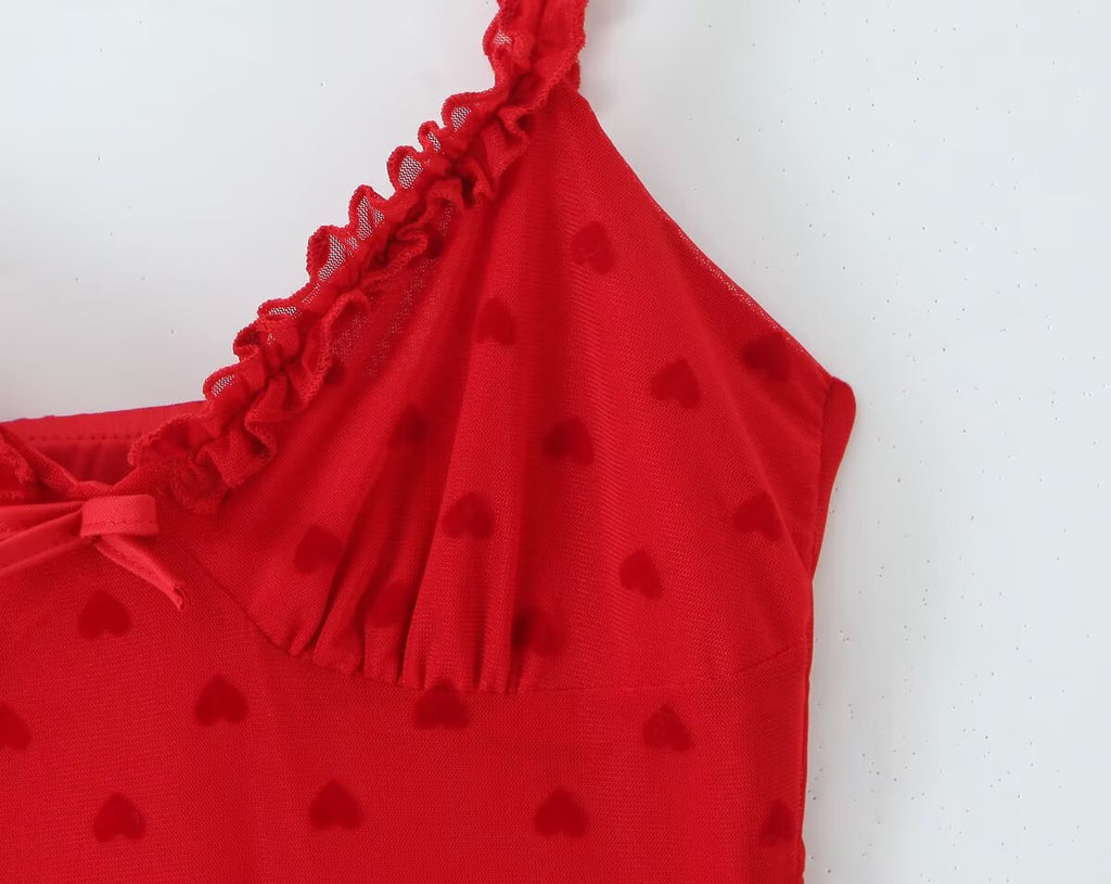 Women Clothing Retro Easy Matching Love Polka Dot Ruffled Shoulder Strap V neck Strap Dress