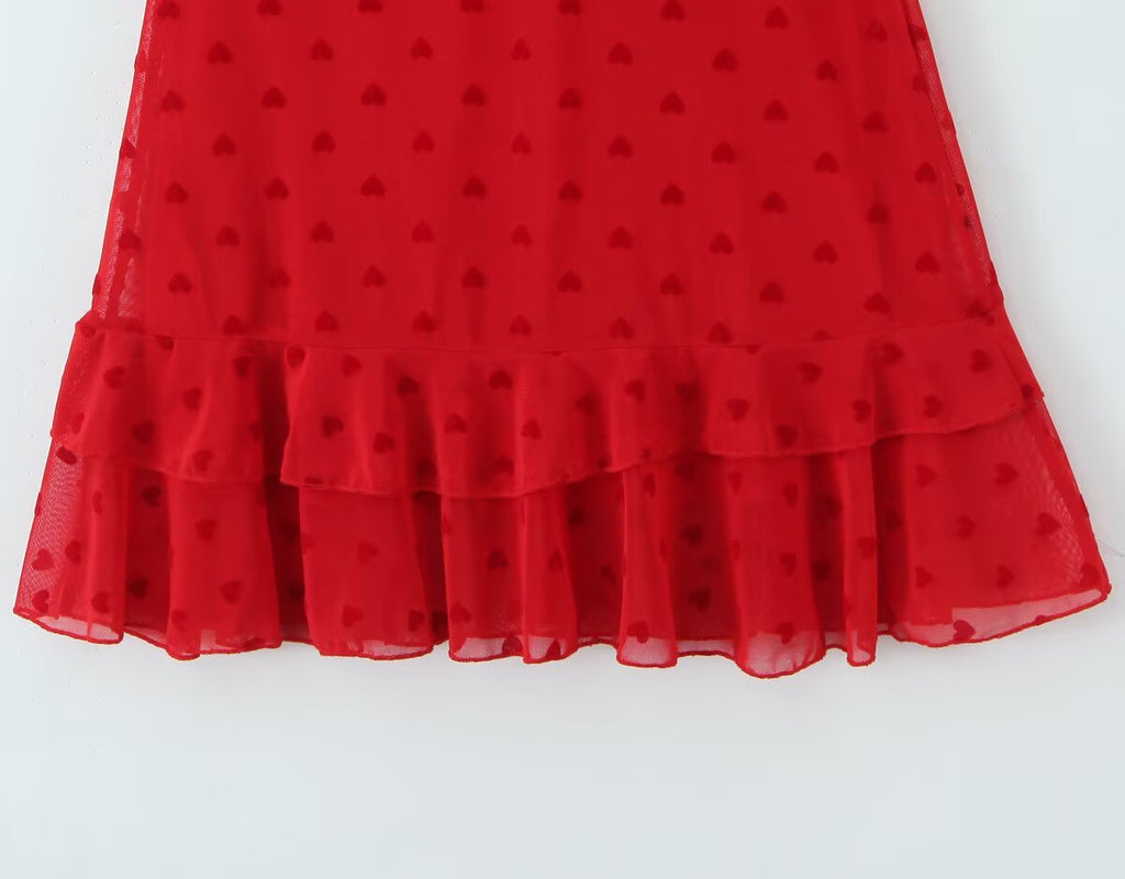Women Clothing Retro Easy Matching Love Polka Dot Ruffled Shoulder Strap V neck Strap Dress