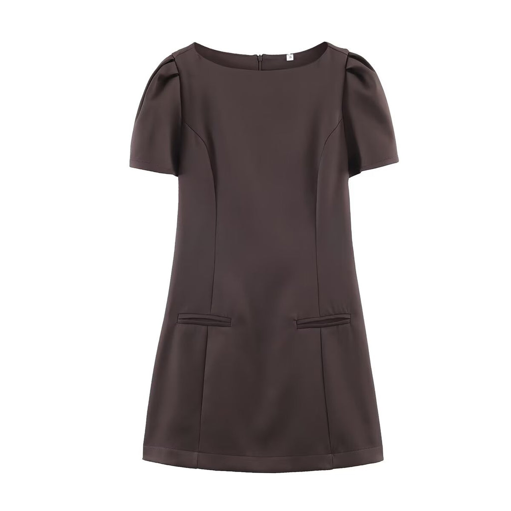 Women Casual Solid Color Two Pleated Pocket Short Sleeve Dress