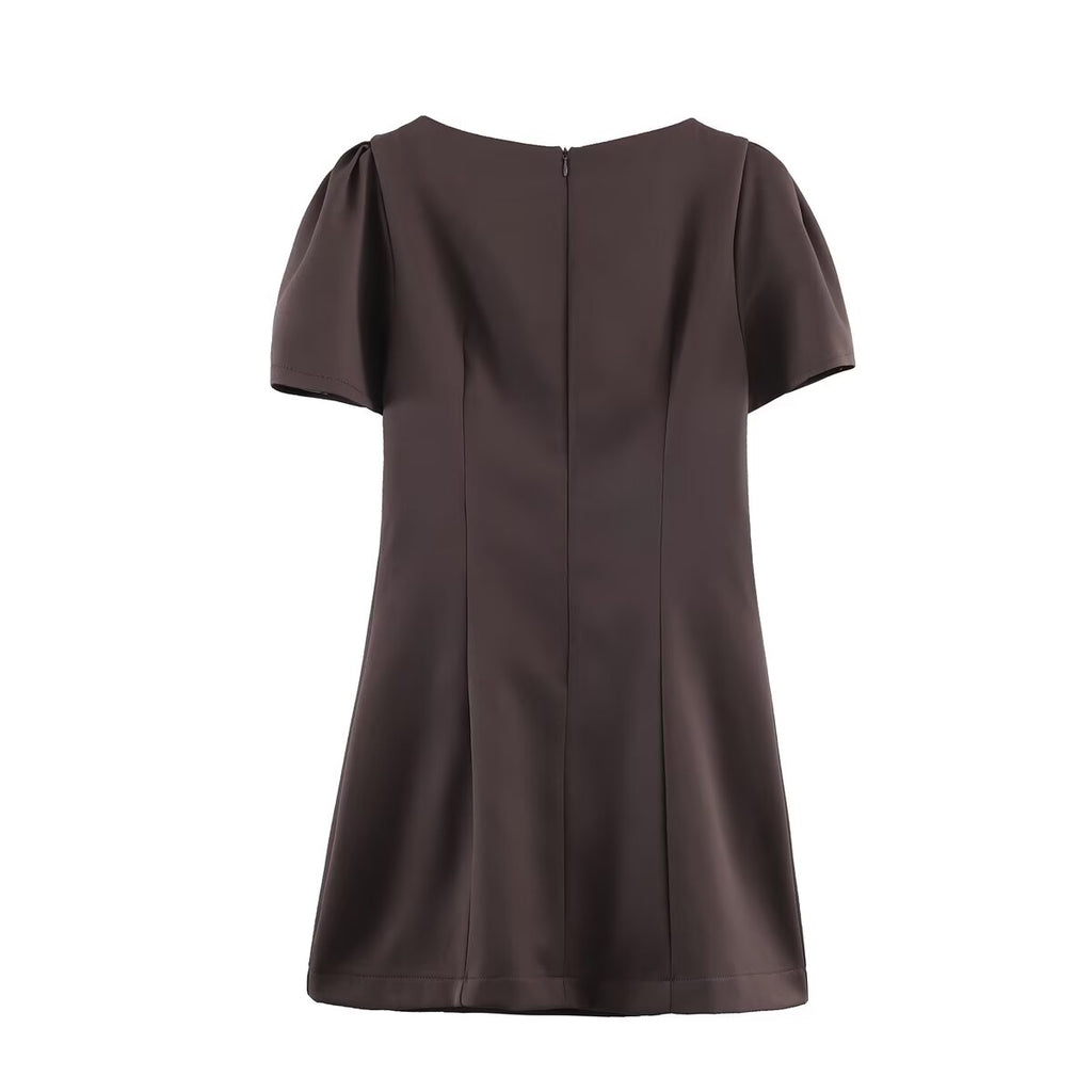 Women Casual Solid Color Two Pleated Pocket Short Sleeve Dress