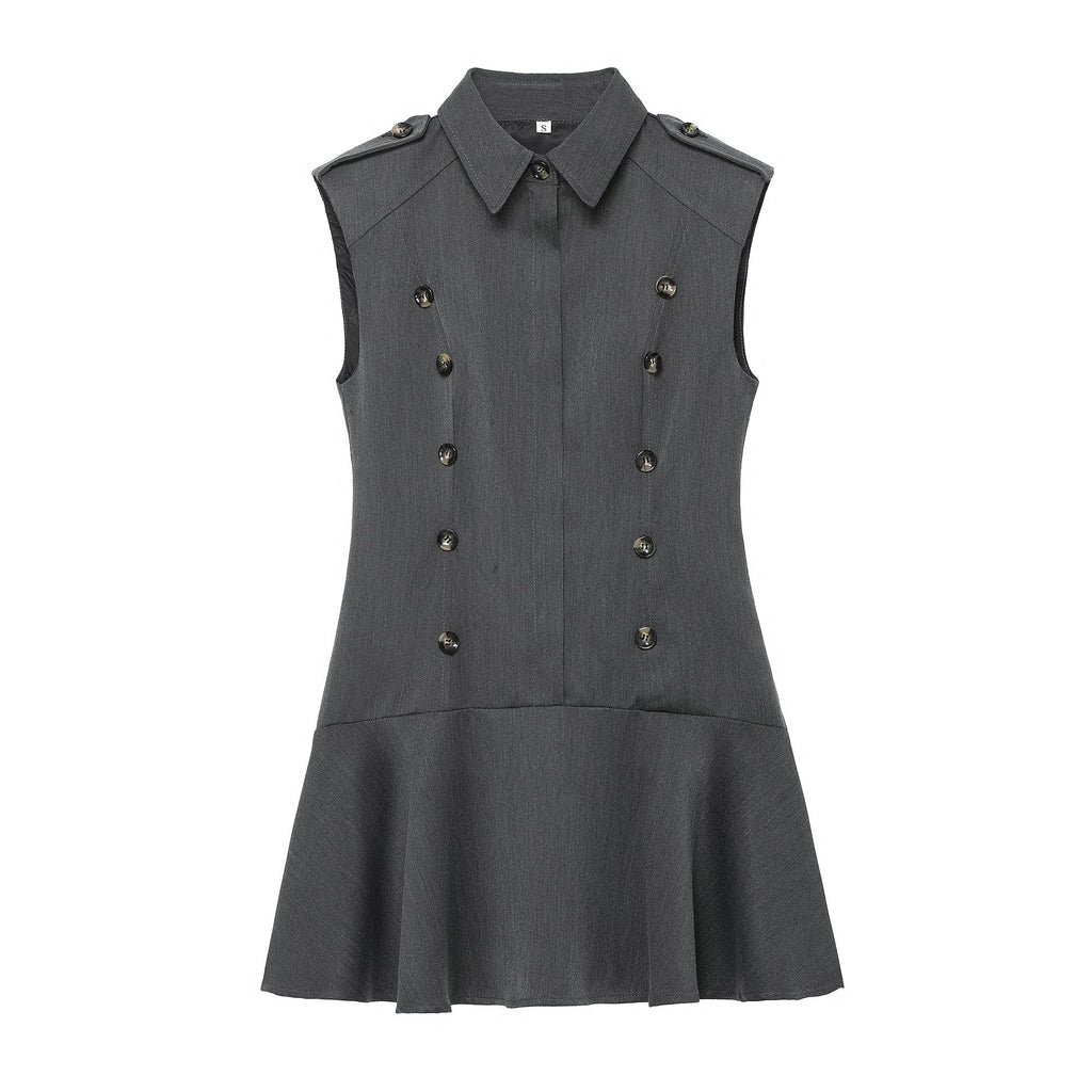 Women Clothing Top Product Casual Belt Padded Shoulder Laminated Decoration Short Dress