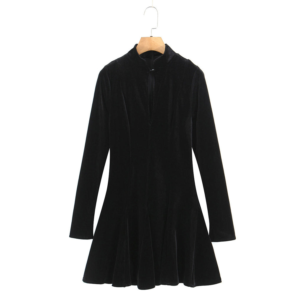 Women Clothing Velvet Stand up Collar Slim Fit A line Black Dress Minimalist Long Sleeve Comfortable Mini Dress