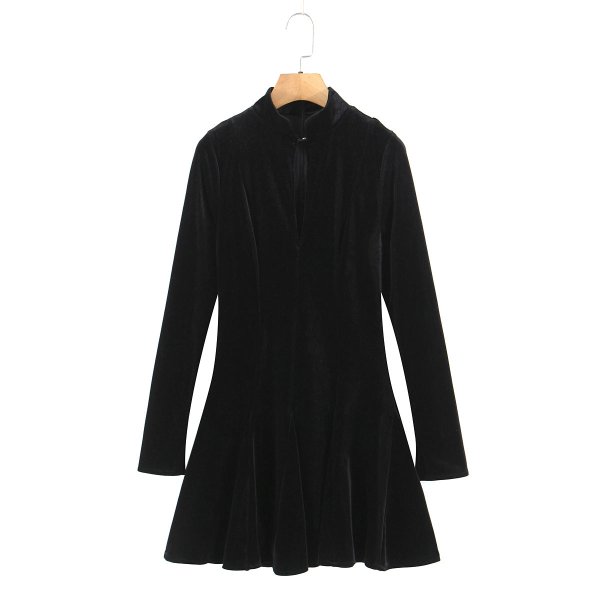 Women Clothing Velvet Stand up Collar Slim Fit A line Black Dress Minimalist Long Sleeve Comfortable Mini Dress