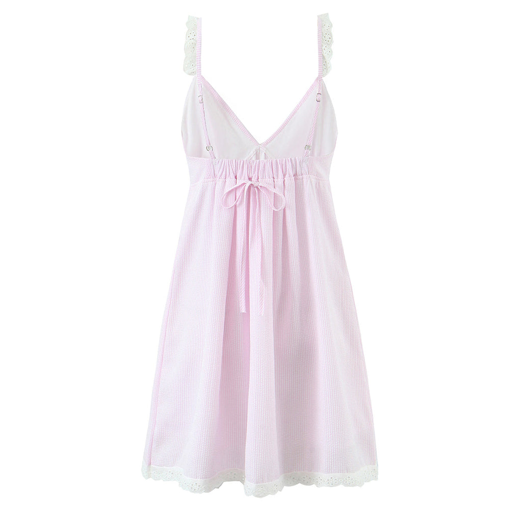 French Sexy Lace Striped Lace Sexy V neck Tied Slim Fit Dress