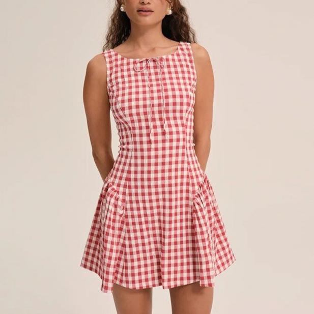Retro Small Pleated Waist Tight Suspender Plaid Dress Temperamental Minority Sleeveless Sexy Short Dress
