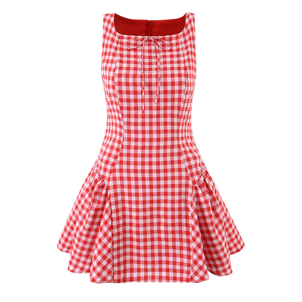 Retro Small Pleated Waist Tight Suspender Plaid Dress Temperamental Minority Sleeveless Sexy Short Dress
