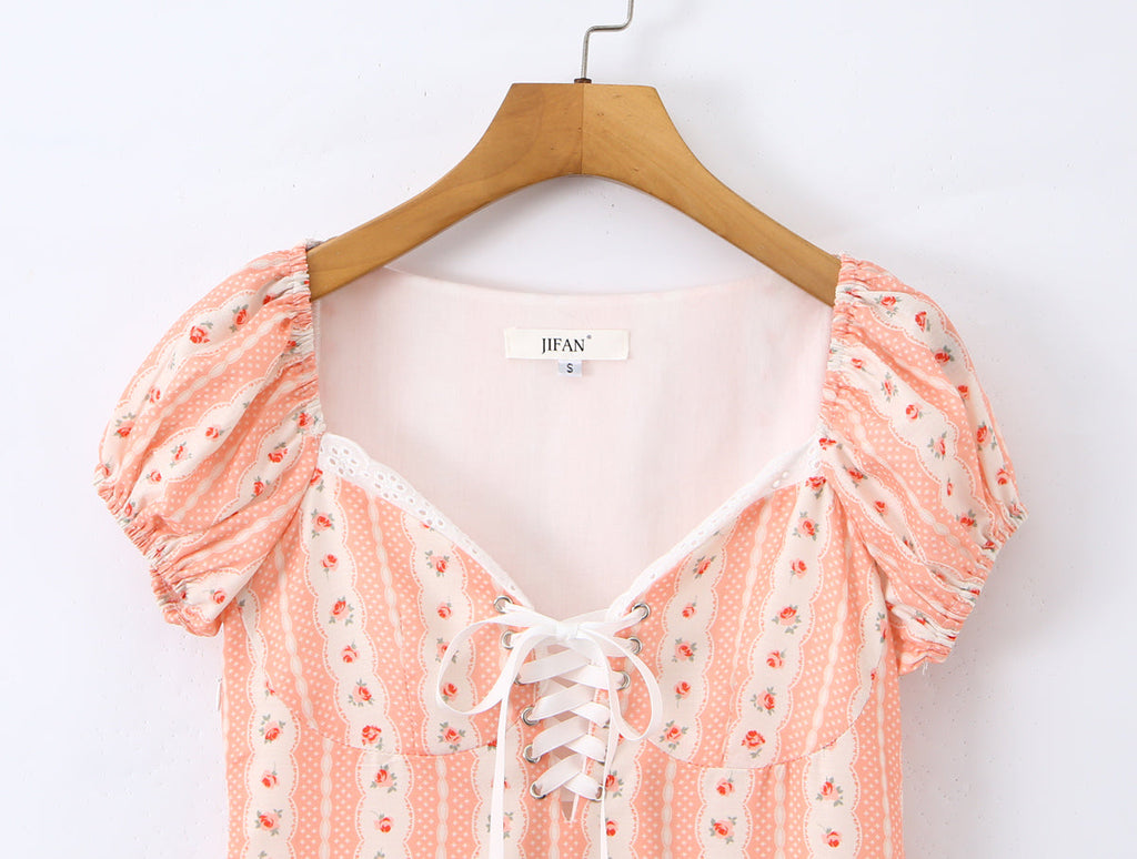 French Girlish Fresh Sweet Lace Strap Printing Slim Fit Short Dress