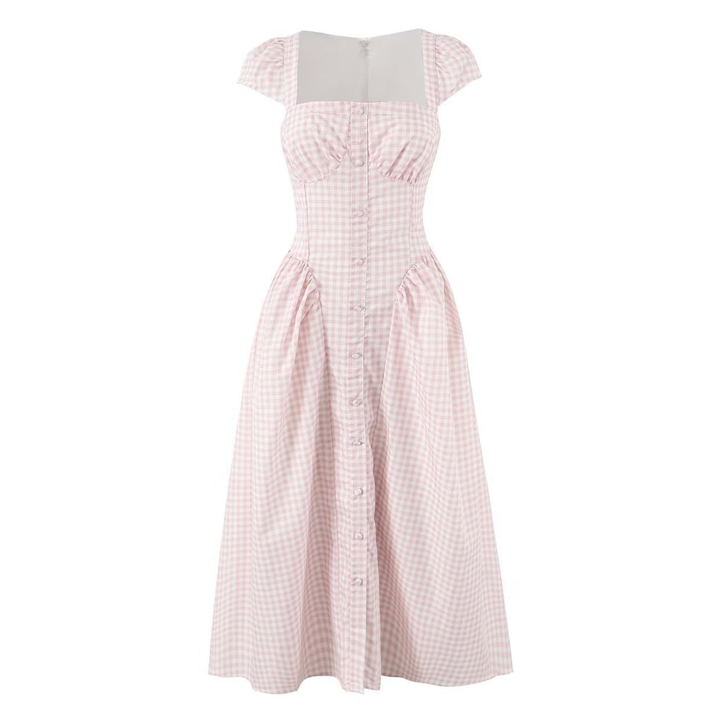 Women Pink Plaid Square Collar Short Sleeve Dress Autumn Tight Waist Slim Single Breasted Maxi Dress