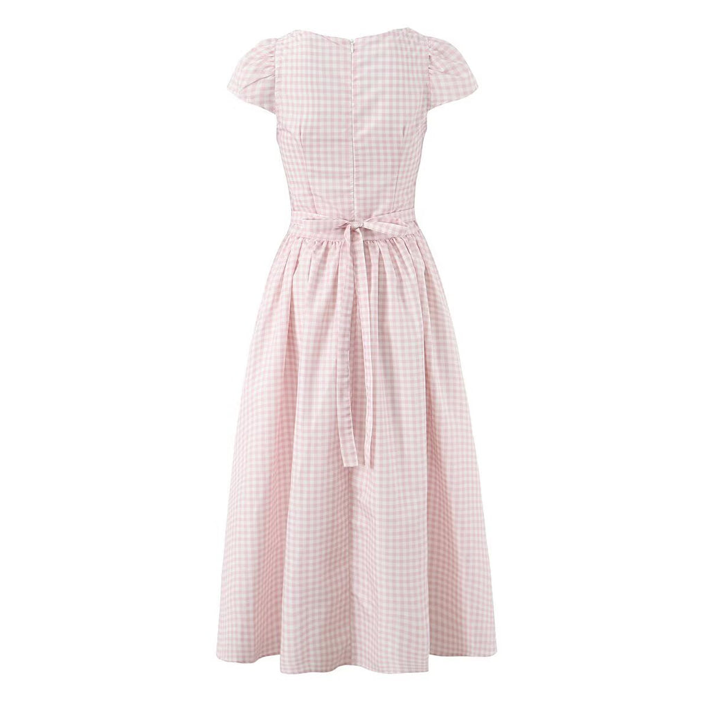 Women Pink Plaid Square Collar Short Sleeve Dress Autumn Tight Waist Slim Single Breasted Maxi Dress