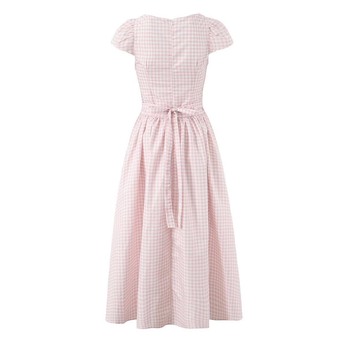 Women Pink Plaid Square Collar Short Sleeve Dress Autumn Tight Waist Slim Single Breasted Maxi Dress