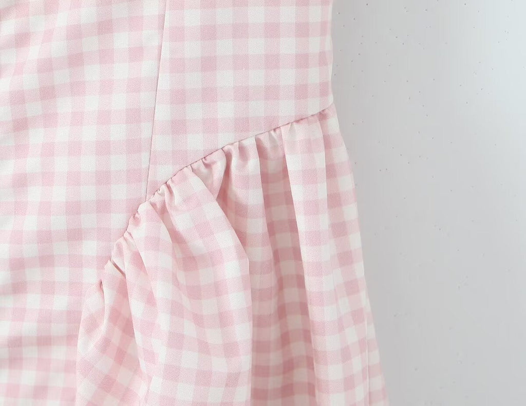 Women Pink Plaid Square Collar Short Sleeve Dress Autumn Tight Waist Slim Single Breasted Maxi Dress
