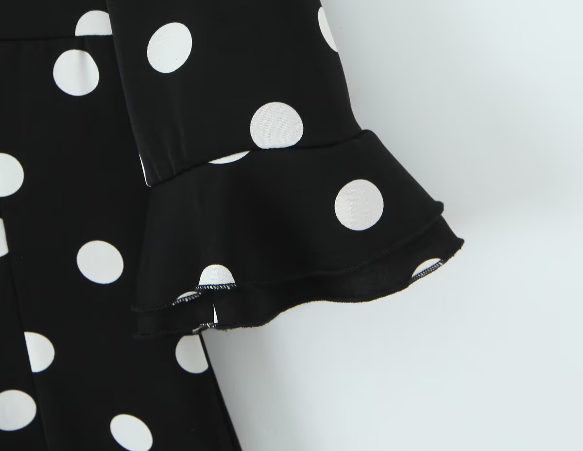 French Retro Dots Dress Women Holiday V neck Slim-Fit Flared Sleeves Slimming A line Dress