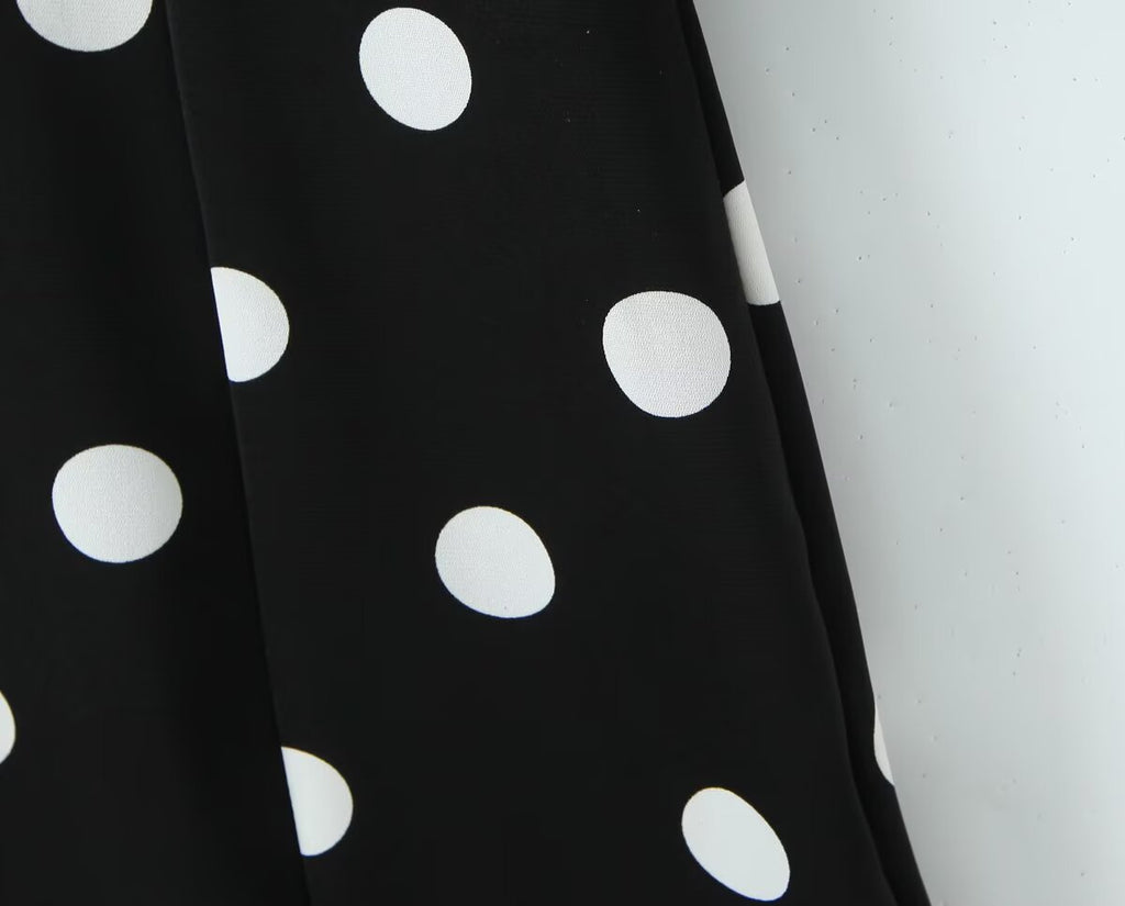 French Retro Dots Dress Women Holiday V neck Slim-Fit Flared Sleeves Slimming A line Dress