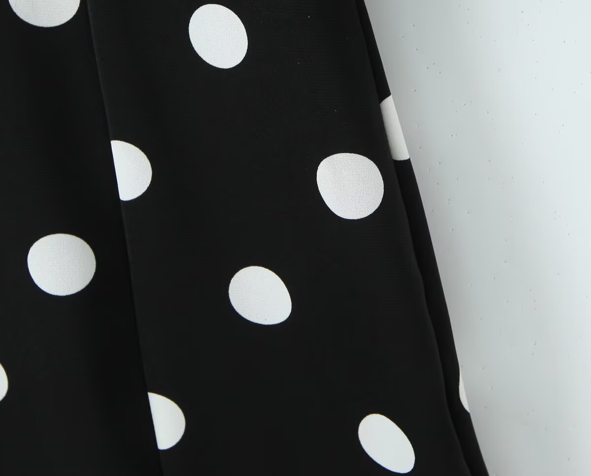 French Retro Dots Dress Women Holiday V neck Slim-Fit Flared Sleeves Slimming A line Dress