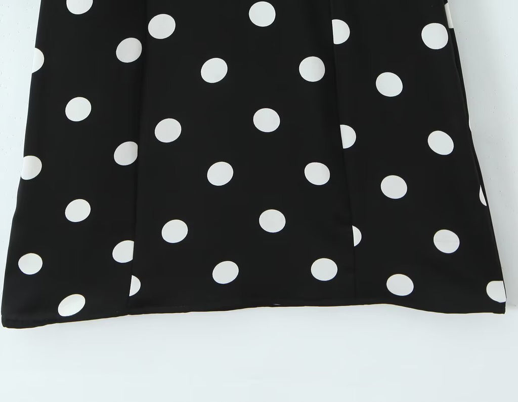 French Retro Dots Dress Women Holiday V neck Slim-Fit Flared Sleeves Slimming A line Dress