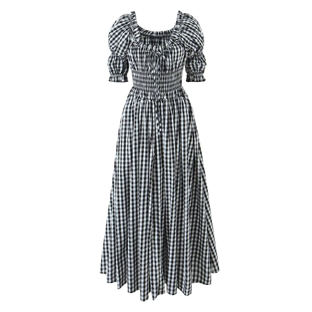 French Retro Minority Design High Waist Color Contrast Check Maxi Dress Women Elastic Waist Puff Sleeve Dress
