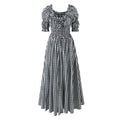 French Retro Minority Design High Waist Color Contrast Check Maxi Dress Women Elastic Waist Puff Sleeve Dress