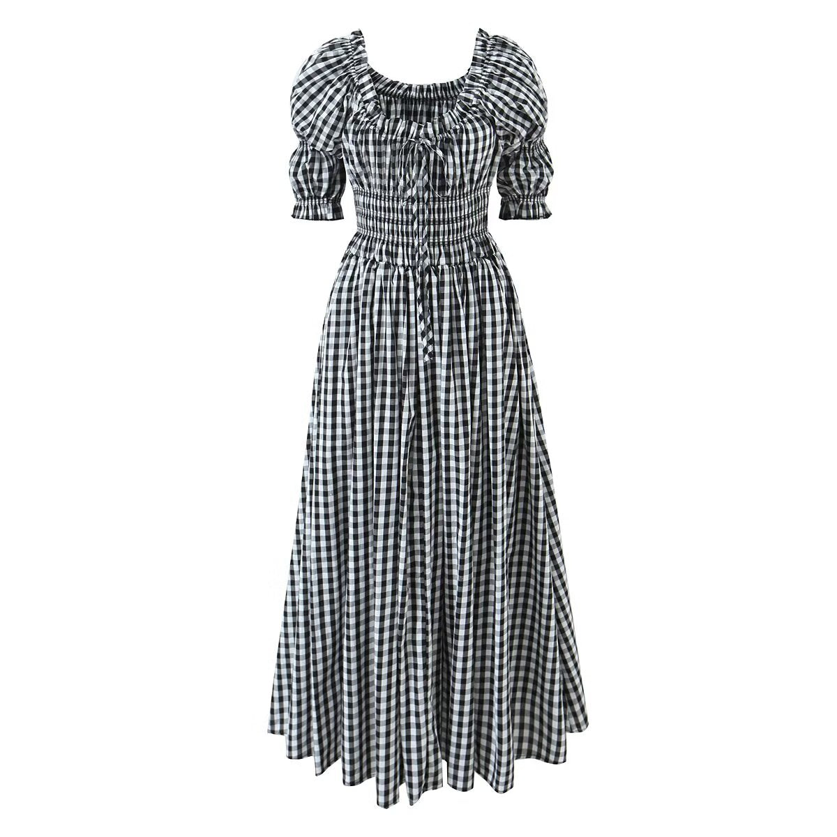 French Retro Minority Design High Waist Color Contrast Check Maxi Dress Women Elastic Waist Puff Sleeve Dress