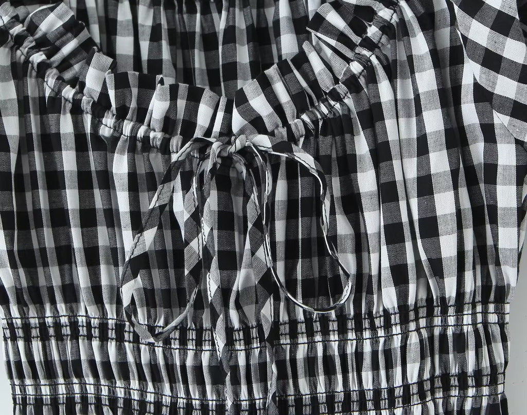 French Retro Minority Design High Waist Color Contrast Check Maxi Dress Women Elastic Waist Puff Sleeve Dress