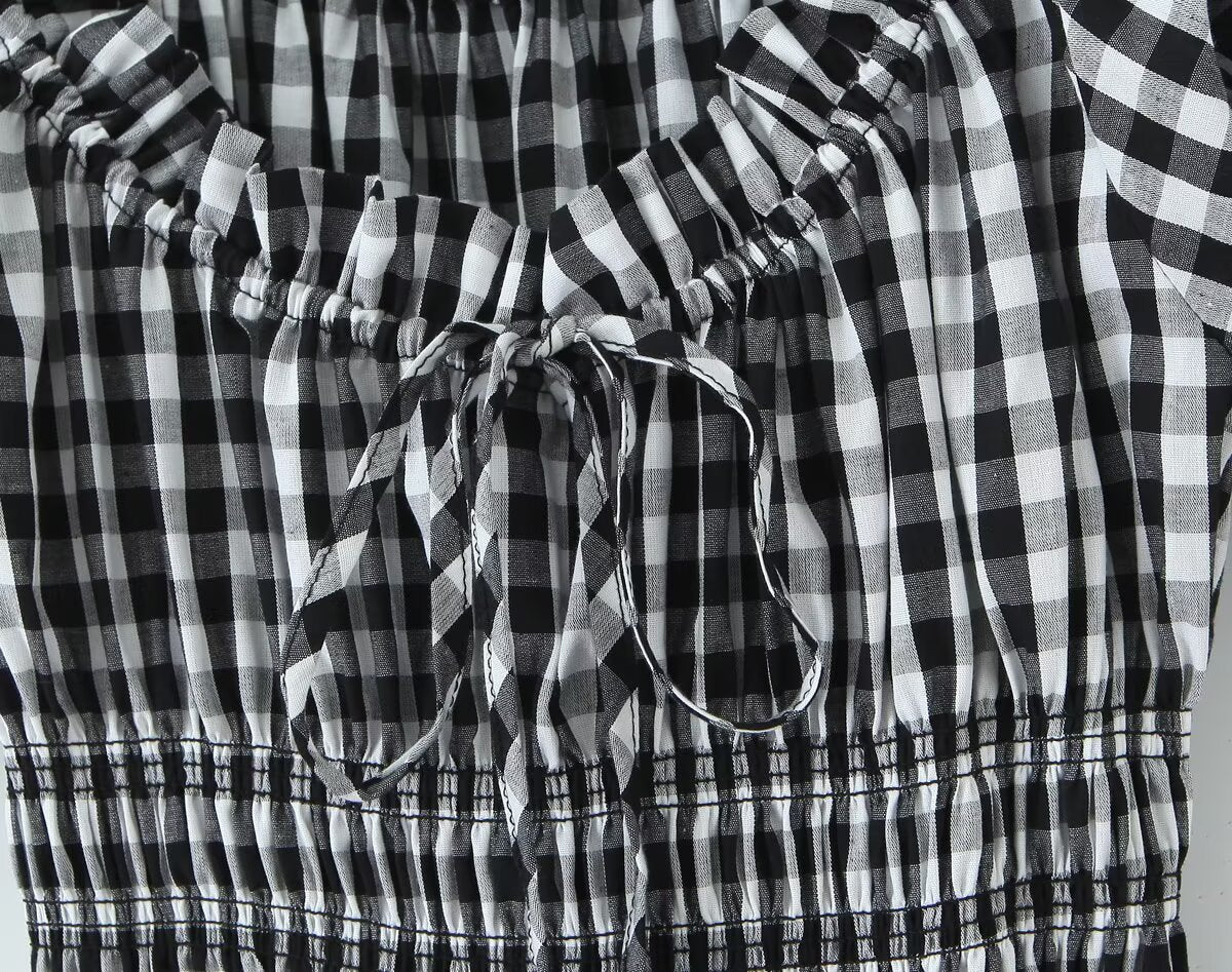 French Retro Minority Design High Waist Color Contrast Check Maxi Dress Women Elastic Waist Puff Sleeve Dress