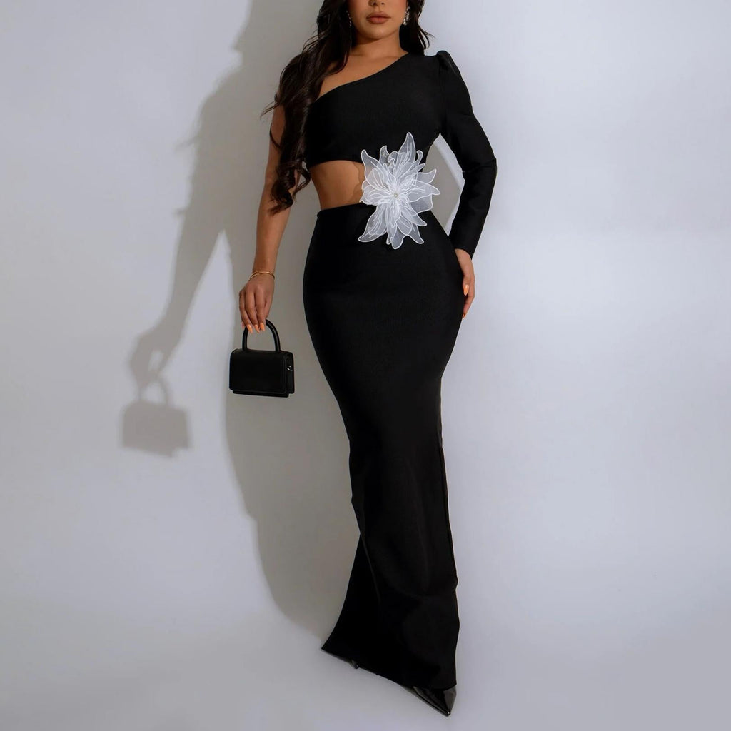 One Shoulder Long Sleeve Sexy Dress Floral Beaded Evening Dress