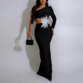 One Shoulder Long Sleeve Sexy Dress Floral Beaded Evening Dress