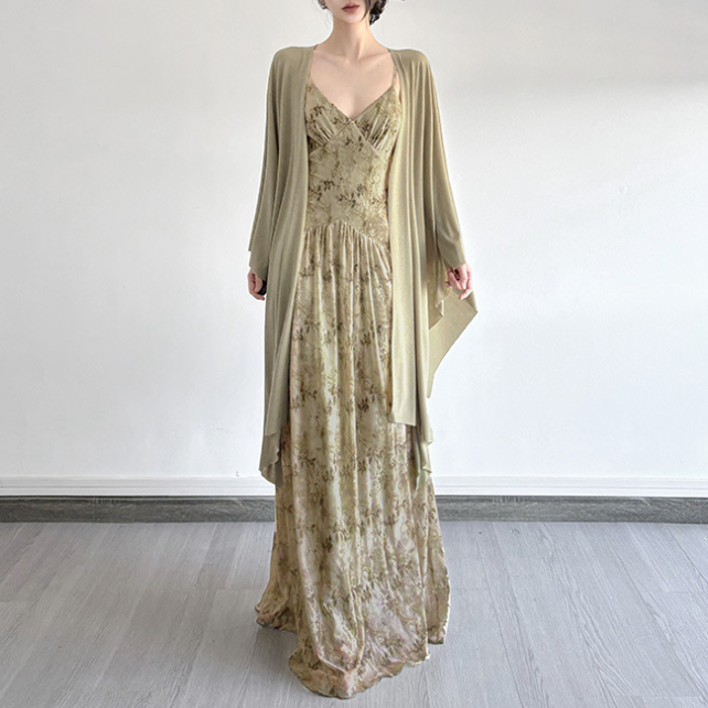 Retro Mori Green Dress Slimming Batwing Sleeves Sun Protection Cardigan Cinched Slimming Maxi Dress Two Piece Sets