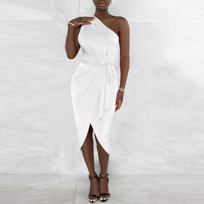 Women Clothing Diagonal Collar Sleeveless Sexy Slit Dress