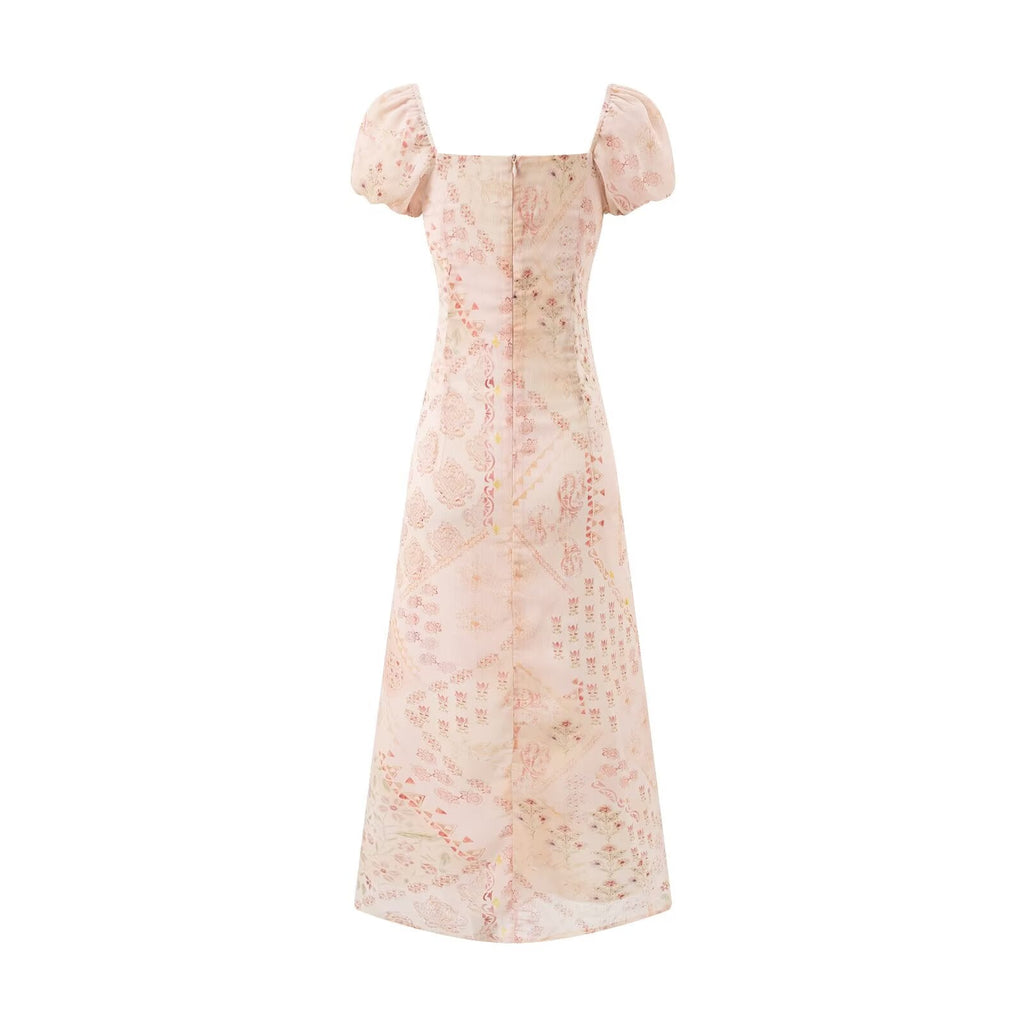 Retro Square Collar Lace up Bubble Sleeve Printed Dress Autumn High Waist Slim Slimming Vacation Maxi Dress