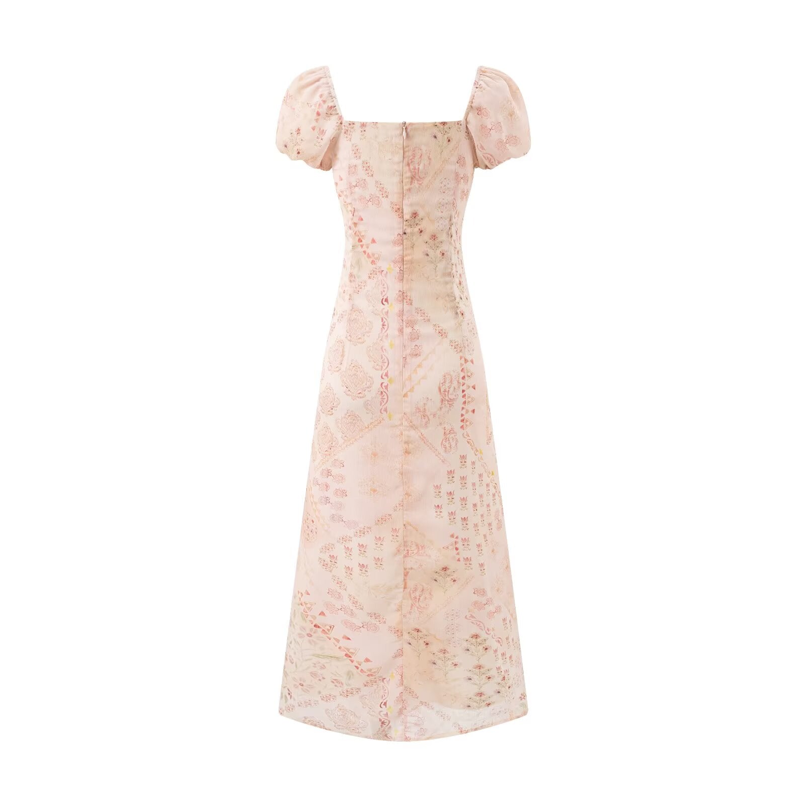 Retro Square Collar Lace up Bubble Sleeve Printed Dress Autumn High Waist Slim Slimming Vacation Maxi Dress