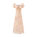 Retro Square Collar Lace up Bubble Sleeve Printed Dress Autumn High Waist Slim Slimming Vacation Maxi Dress