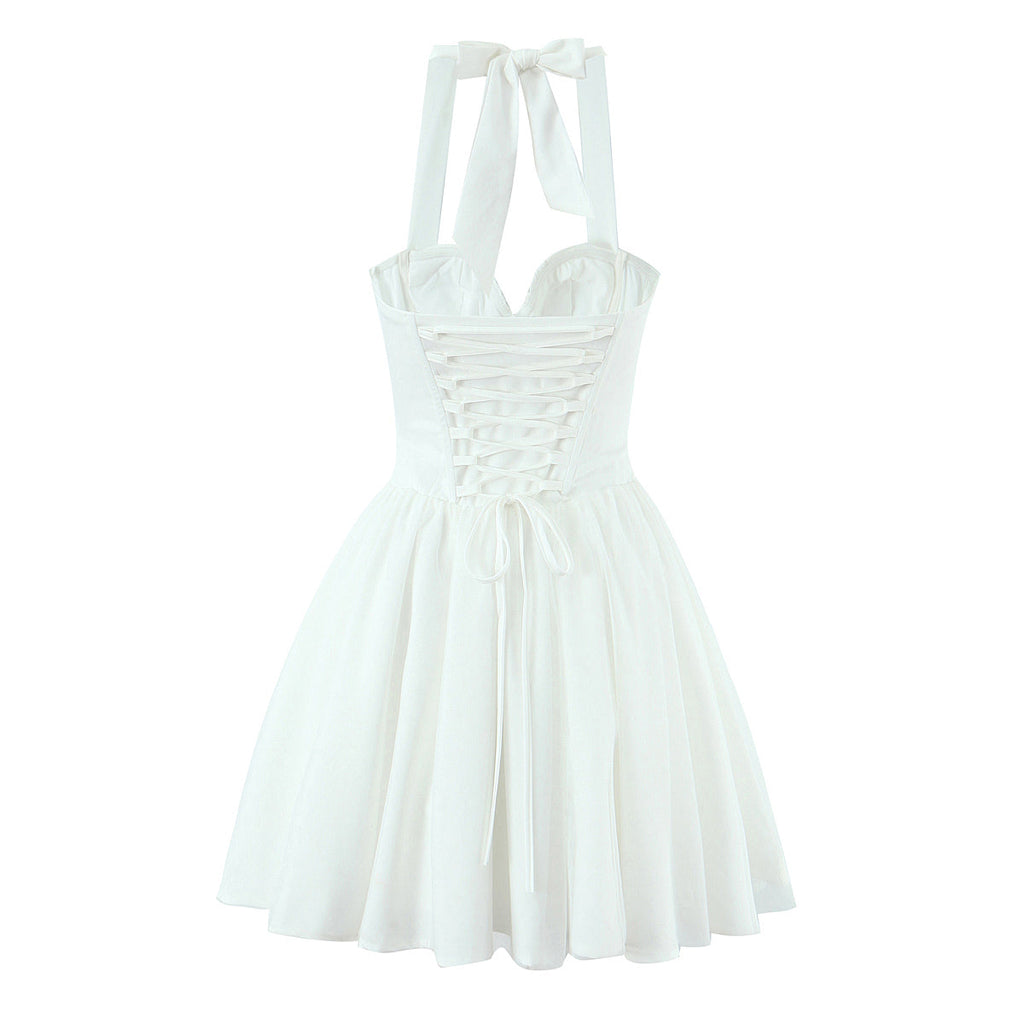 Women Clothing Boning Corset Steel Bracket Halter Mesh Camisole Dress
