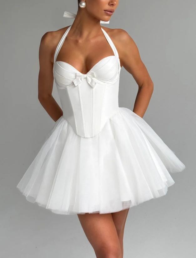 Women Clothing Boning Corset Steel Bracket Halter Mesh Camisole Dress