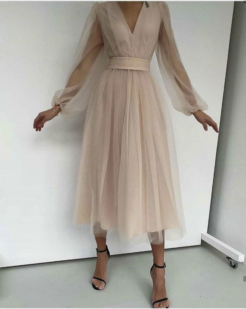 Sexy Deep V Plunge Plunge Mesh Bubble Long Sleeve Dress Slim Waist Dress