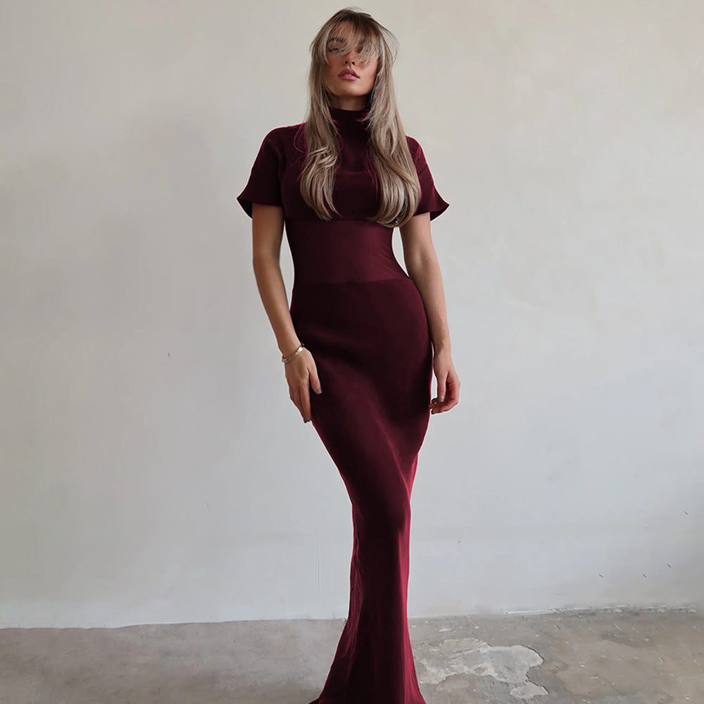 Wear See through Voile Half Turtleneck Dress Sexy Slim Fit Short Sleeved Mop Dress