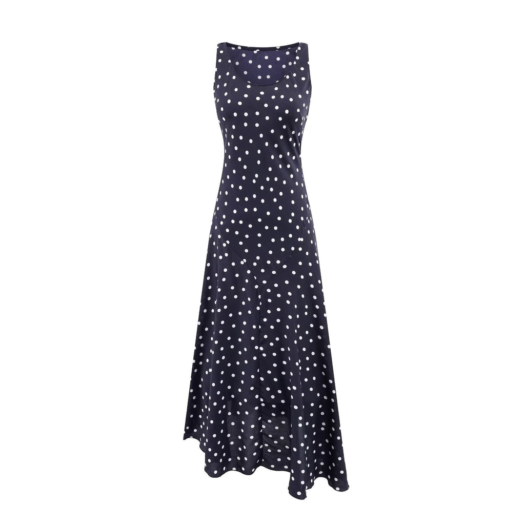 Mature Retro Square Collar Fitted Waist Polka Dots Dress Women Summer Sleeveless Slim Fitting Patchwork Irregular Asymmetric Polka Dot Maxi Dress