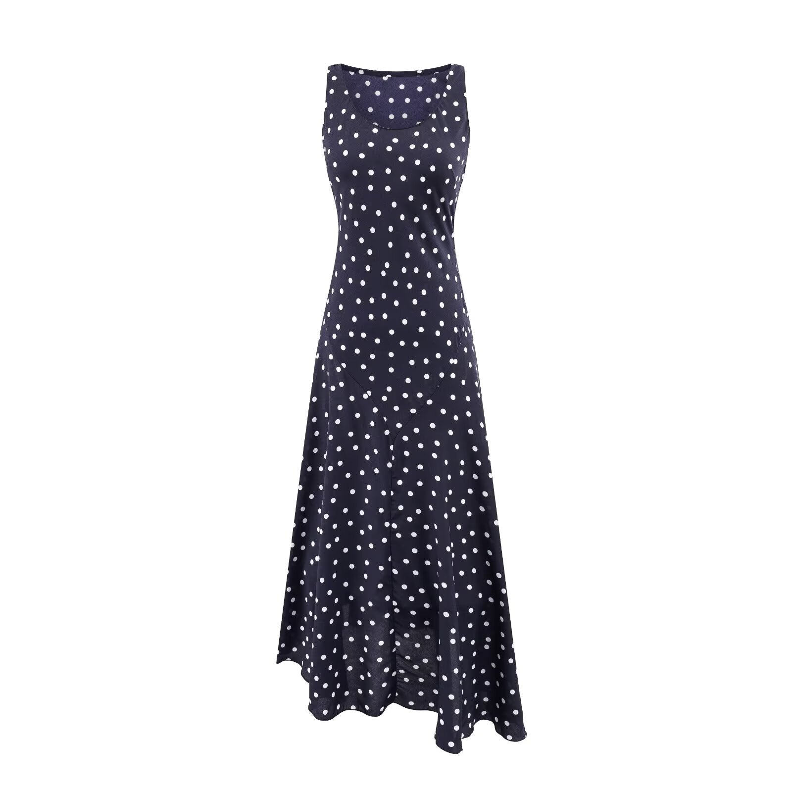 Mature Retro Square Collar Fitted Waist Polka Dots Dress Women Summer Sleeveless Slim Fitting Patchwork Irregular Asymmetric Polka Dot Maxi Dress